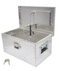 Badass Heavy Duty Twenty Inch Aluminum Diamond Plate Tool Box With Rock Solid Sealed Locks And Grippy Side Handles For Pickup Truck Bed Storage, open with keys.