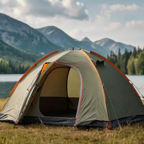 A dome-shaped camping tent set up near a lake with mountains in the background.