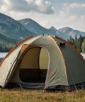 Camping tent by a lake with mountains in the background on a sunny day.