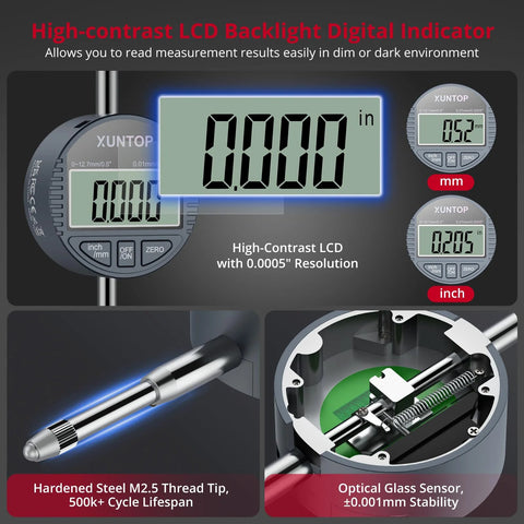 XUNTOP digital bore gauge set, 2-6 in range, LCD display, hardened steel tip
