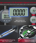 XUNTOP digital bore gauge set with LCD display, 0.7–6 in range, 23 anvils, two measuring rods; front view