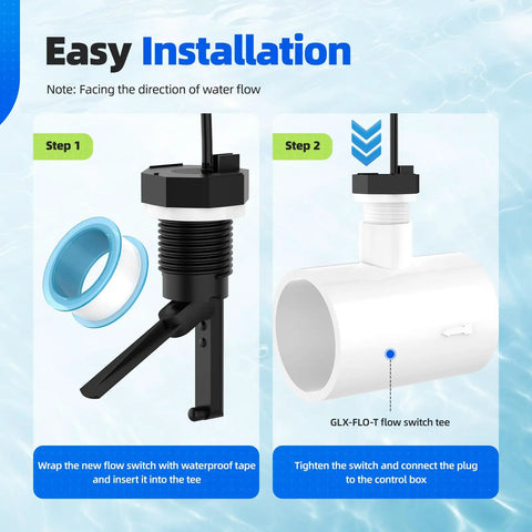 Flow Switch GLX-FLO-RP For Hayward Goldline Aquarite Salt System Pool Flow Sensor With Tee And 15ft Cable installed in tee