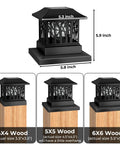 12 Pack Solar Post Cap Lights For 4x4 Or 6x6 Wood Posts, outdoor fence post caps, size guide with LED light dimensions shown
