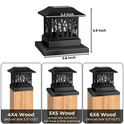 12 Pack Solar Post Cap Lights For 4x4 Or 6x6 Wood Posts, outdoor fence post caps, size guide with LED light dimensions shown