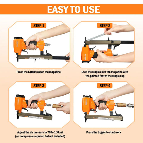 Step-by-step guide for using Pneumatic Upholstery Stapler 22 Gauge Continuous Firing, showing setup and operation instructions.
