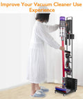 Person using Heavy Duty Cordless Vacuum Stand Docking Station With Wheels, Boss Level Storage Holder For Quick Access, Compatible With V7 V8 V10 V11 V12 V15 SV22 Vacuum Cleaners, Durable Metal Mount For Tidy Garage Or Home