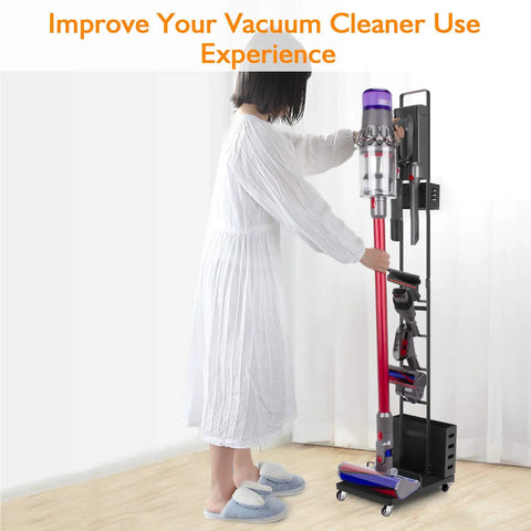 Person using Heavy Duty Cordless Vacuum Stand Docking Station With Wheels, Boss Level Storage Holder For Quick Access, Compatible With V7 V8 V10 V11 V12 V15 SV22 Vacuum Cleaners, Durable Metal Mount For Tidy Garage Or Home