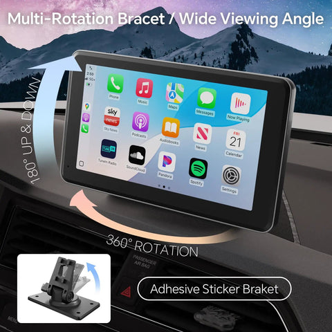 Wireless CarPlay And Android Auto Car Stereo with 7 inch HD touchscreen installed on dashboard, showing multi-rotation bracket.