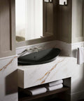 Modern Trough Vessel Bathroom Sink With Asymmetrical Oval Basin Double Faucet Ready Wall Mount Or Countertop Setup Smooth Overflow Drain Ultra Slim Durable Edge Design Big Time Upgrade For Luxe Vanities in black finish with marble countertop.