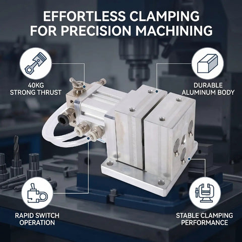 Top Tier Air Operated Vise With 3mm Stroke And 40kg Thrust, Perfect CNC Rapid Pneumatic Workholding Clamp Fixture For Milling And Drilling That Gets The Job Done Right, showing durable aluminum body and stable clamping.