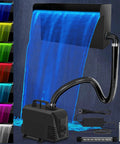 Pond Waterfall Kit with LED Lights and All In One Stainless Steel Spillway, 660 GPH Pump shown with color options and accessories
