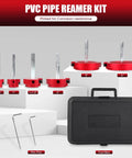 6 Piece PVC Pipe Reamer Set With Carbide Cutting Blades And Aluminum Cutter Heads For PVC CPVC ABS Piping 3/4 Inch To 4 Inch Sizes DIY Friendly And Works With Standard Drill Bits Red displayed with tool box