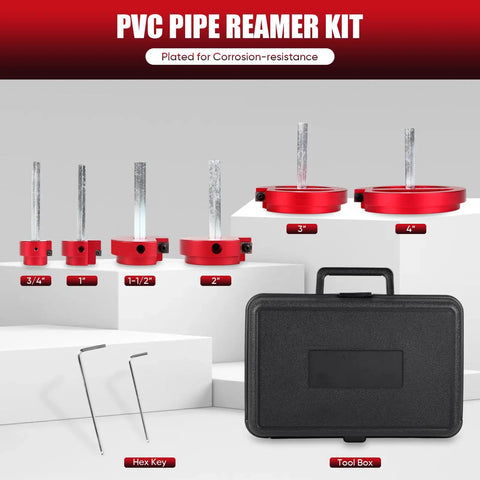 6 Piece PVC Pipe Reamer Set With Carbide Cutting Blades And Aluminum Cutter Heads For PVC CPVC ABS Piping 3/4 Inch To 4 Inch Sizes DIY Friendly And Works With Standard Drill Bits Red displayed with tool box