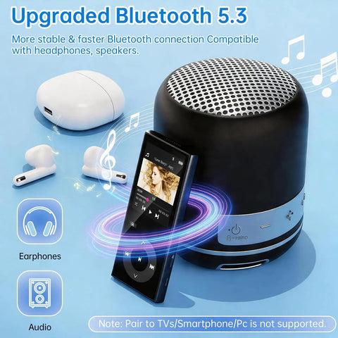 90GB MP3 Player With Bluetooth 5.3 Expandable To 256GB With Dual TF Card Slots For Thousands Of Songs next to earbuds and speaker