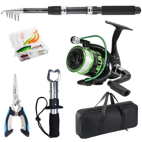 6.9 Foot Telescopic Rod And Reel Combo With Pliers, Lip Gripper, Lures, Accessories, Carry Case, Green LF30