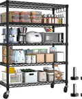 74 Inch High Wire Shelving With Wheels Beefy Heavy Duty 5 Tier Storage Rack That Holds Up To 1250 Lbs Total 250 Lbs Per Shelf Open Alloy Steel Shelving For Garage Workshop Basement, 74in black wire rack with pantry items