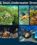 Smart App Controlled Underwater Drone with HD Camera and Dual LED Lights capturing sea life in coral reef.