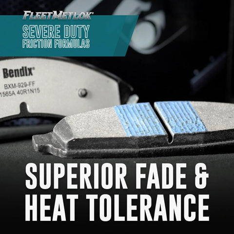 Front brake pads, Bendix FleetMetlok MKD1680FM, semi-metallic with blue friction surfaces; 2‑pad set.