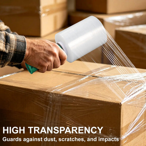 Two-Pack Clear Industrial Stretch Wrap Film 5.1 Inch by 1000 Feet with Handle, 80 Gauge Heavy Duty Self Adhering Wrap for moving boxes