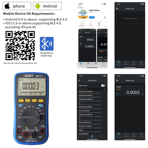 B41T Bluetooth Digital Multimeter With Auto-Ranging TRMS and 22000 Counts, mobile app interface for real-time monitoring.