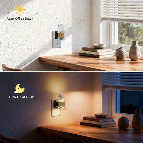 Straight Up Easy Dusk To Dawn Plug In Night Light With Smooth Slide Dimmer And Auto Sensor Zero Stress Setup For Hallway Bedroom Energy Saving Led Wall Lamp Top Shelf Two Pack, in use at dusk and dawn.