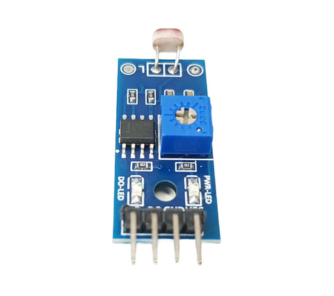 Digital Light Sensor Module For Arduino ESP32 ESP8266 Raspberry Pi Four Pack With Analog And Digital Outputs And Adjustable Threshold Via Potentiometer Three Point Three To Five Volts For Makers And Hobbyists showing front view of module with blue potentiometer and pins