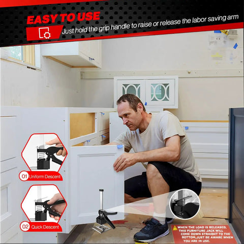 Man using 2 Pack Labor Saving Arm Jacks Beefy 220 LB Heavy Duty Furniture Lifters With 6.5 Inch Adjustable Height for cabinets.