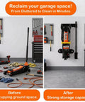 Heavy Duty Wall Mount Jack Stand Rack For Hydraulic Jacks in garage, before and after organization with tools stored neatly.