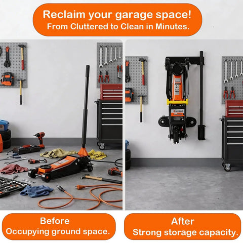 Heavy Duty Wall Mount Jack Stand Rack For Hydraulic Jacks in garage, before and after organization with tools stored neatly.