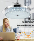 Lit Crystal Ceiling Fan With Lights 42 Inch LED Remote, visible blades, silent motor, woman using laptop nearby in living room.