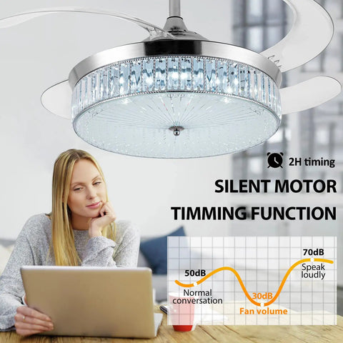 Lit Crystal Ceiling Fan With Lights 42 Inch LED Remote, visible blades, silent motor, woman using laptop nearby in living room.