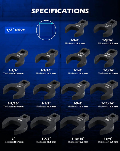 Beefy 14 Piece Jumbo Crowfoot Wrench Set With SAE Sizes From 1-1/16 Inch To 2 Inch For Flare Nut Removal Fits 1/2 Inch Drive Rachets And Extenders Blackened Cr-V Steel Crowfoot Wrenches With Carry Case., SAE crowfoot wrench size chart with 1/2 drive and thickness measurements