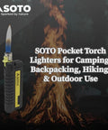 Extended Refillable Pocket Torch Lighter For Camping With Telescoping Burner Head And Electronic Ignition Wind Resistant Butane Torch Great For Candles Grills BBQ And Outdoor Cooking Shipped Empty against a campfire backdrop.