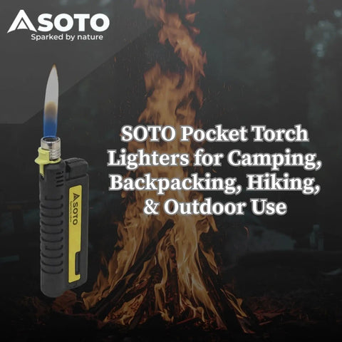 Extended Refillable Pocket Torch Lighter For Camping With Telescoping Burner Head And Electronic Ignition Wind Resistant Butane Torch Great For Candles Grills BBQ And Outdoor Cooking Shipped Empty against a campfire backdrop.