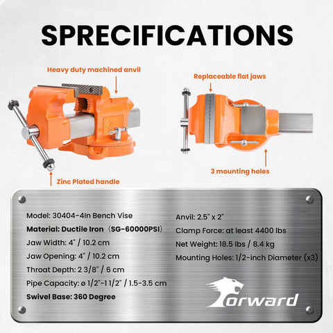 Specifications of Beefy 4 Inch Ductile Iron Bench Vise With 360 Degree Swivel Base And Channel Steel Guide Bar