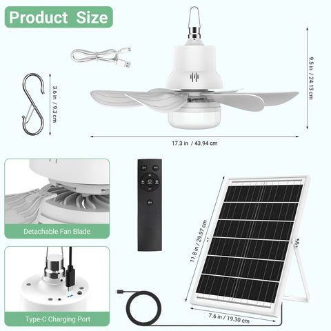 Diagram of Dope Solar Powered Ceiling Fan With Light And Remote, 18000mAh Battery, 17.5 Inch Portable Outdoor Fan components