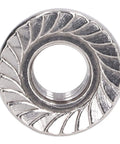 Stainless Steel DIN 1587 Flange Nut Set With Integrated Washer, A2-70 Rustproof Locking Nuts for bolts, top view, detail