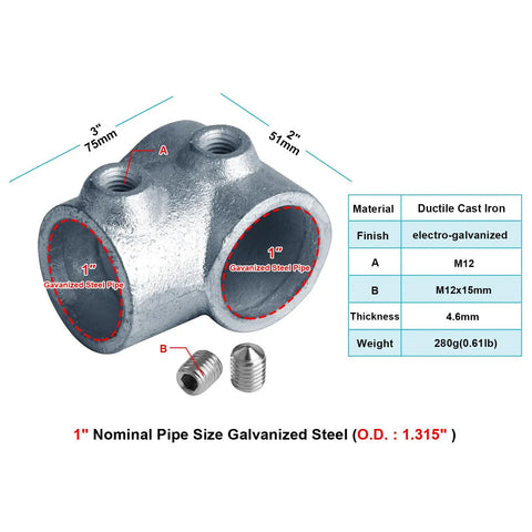 4 Piece Single Socket 90 Degree Tee Structural Pipe Fitting For One Inch Nominal Galvanized Pipe With A 1.315 Inch Outside Diameter DIY Friendly Heavy Duty Handrails Awnings And Outdoor Builds diagram