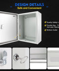 Rugged Outdoor Electrical Box Built Tough Steel Junction Enclosure showing open door, locking latch, and key features in close-up.
