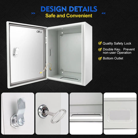 Rugged Outdoor Electrical Box Built Tough Steel Junction Enclosure showing open door, locking latch, and key features in close-up.