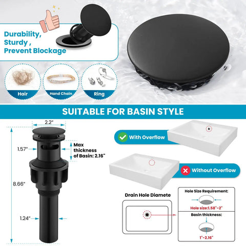 Diagram showing matte black pop-up drain with dimensions, suitable for basins, from Matte Black Single Hole Bathroom Faucet With Cross Handles Lavatory Vessel Sink Mixer Tap No Fuss Install Pop Up Drain Deck Plate Solid Brass Build Anti Rust Finish Low Flow 1.19 GPM product