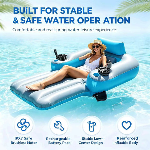 Rechargeable Dual Motor Electric Pool Lounger Inflatable Water Float with woman relaxing in pool.