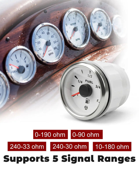 2-1/16 Inch Universal Fuel Gauge With IP67 Waterproof Housing And 8 Color Backlight, Precalibrated 0-90 Ohm And Five Common Sender Ranges, Easy Install, Built Tough For Your Ride, Clear Fuel Readout, white fuel gauge with 5 signal ranges