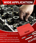 Valve Stem Seal Removal and Installation Kit With Pliers Drive Handle Sockets and Adapters for Car Engines DIY Friendly Pro Grade Alloy Steel Tool Set for Easy Precise Seal Replacement and Quick Engine Repairs, shown with open engine view and red case.