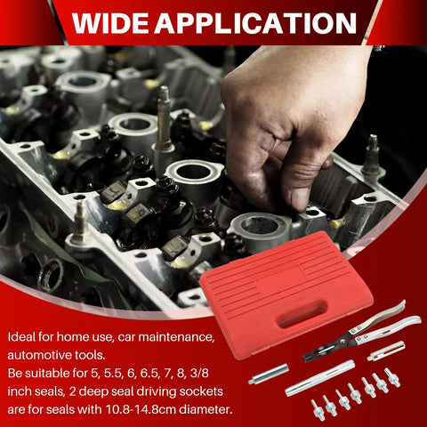 Valve Stem Seal Removal and Installation Kit With Pliers Drive Handle Sockets and Adapters for Car Engines DIY Friendly Pro Grade Alloy Steel Tool Set for Easy Precise Seal Replacement and Quick Engine Repairs, shown with open engine view and red case.