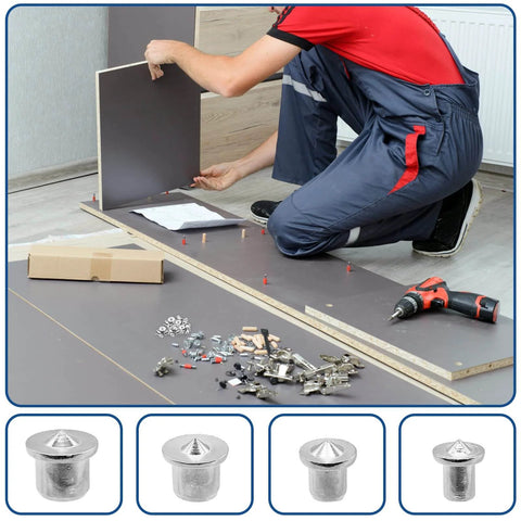 Carpenter using 24 Piece Doweling Center Transfer Plugs Set For Woodworking Pro Grade With Four Sizes Chromed Steel Pins