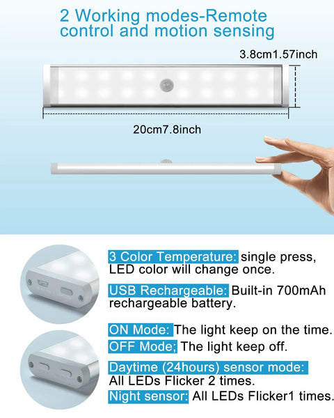 Wireless Under Cabinet Lights With 48 LED Motion Sensor And Remote Control, side view and size details, USB rechargeable.