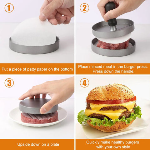 Steps using Burger Press With 150 Patty Papers Nonstick Patty Maker for shaping burger patties and making burgers.