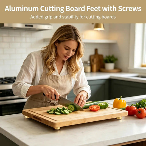 8 Pack Aluminum Cutting Board Feet With Silicone Rubber Pads elevating wooden board as woman slices vegetables