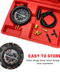 Heavy Duty Auto Fuel Pump And Vacuum Test Gauge Kit with brass fittings, gauge, hoses, and storage case for diagnostics.